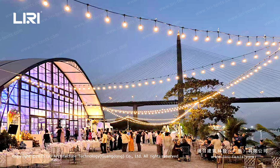 Modular wedding tent evening venue setup