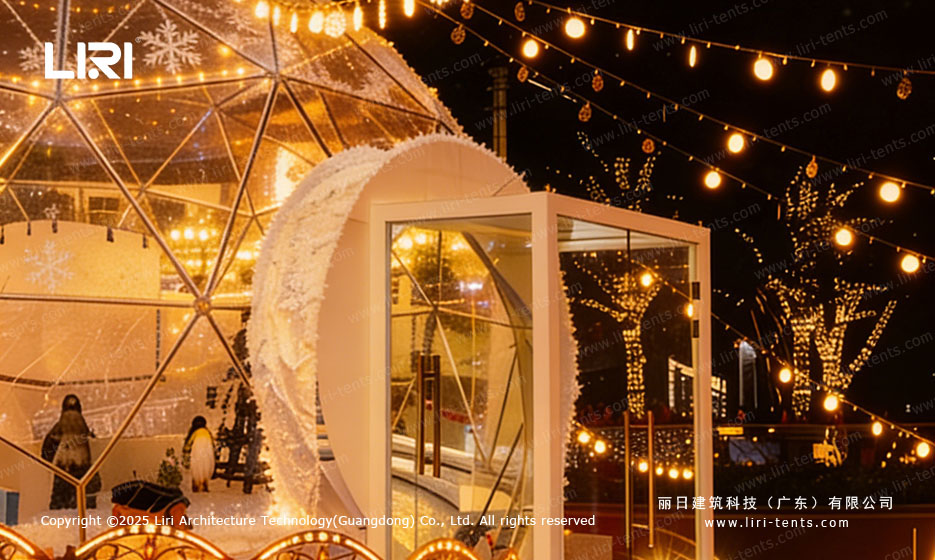 Detailed entrance styling for a clear dome wedding venue