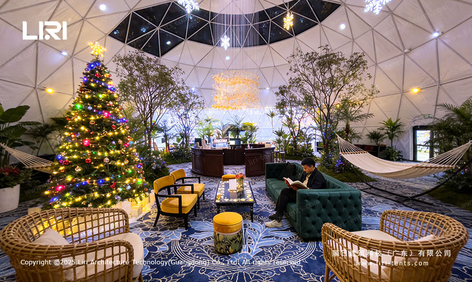 Lounge-style interior inside a transparent dome event tent