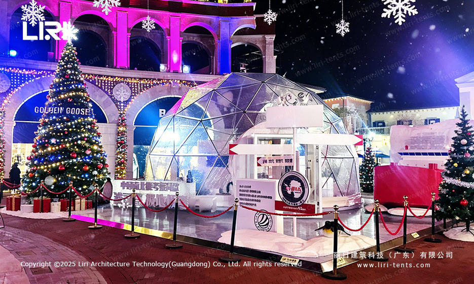 Transparent dome tent installed in a decorative plaza setting