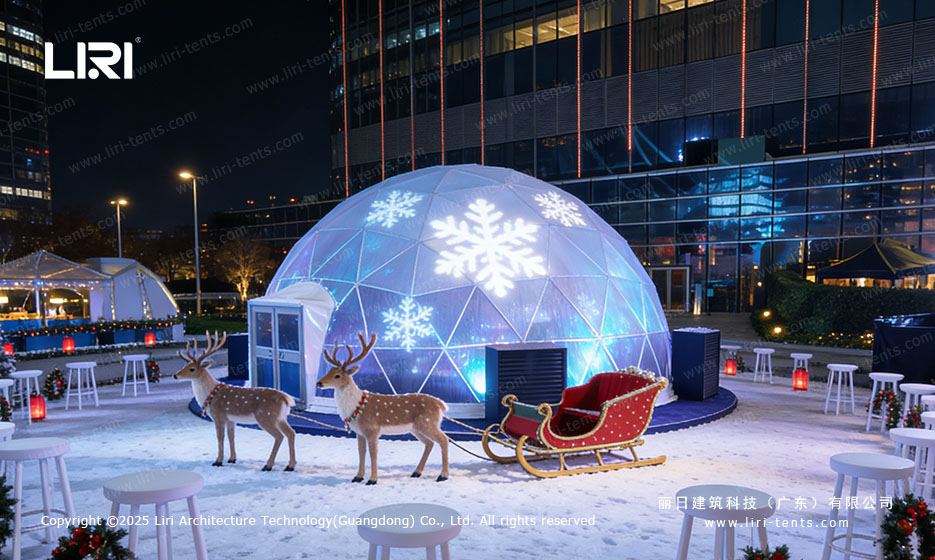 Winter-themed geodesic dome tent exterior for an outdoor venue