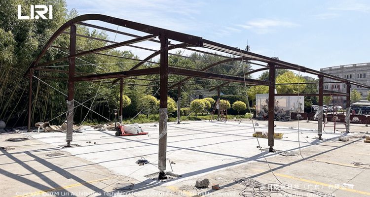 Arc top tent frame structure during installation