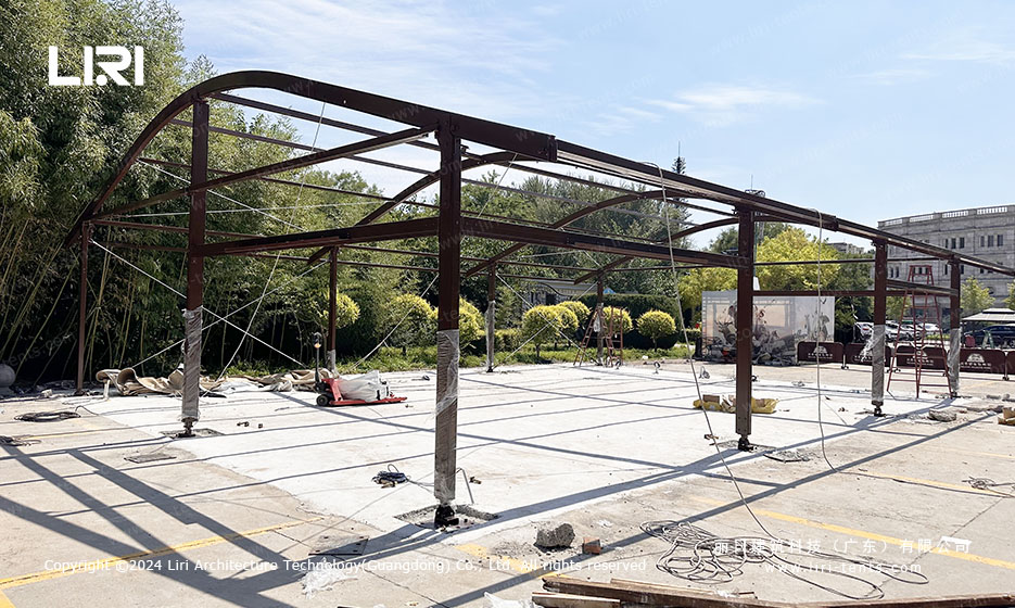 Arc top tent frame structure during installation
