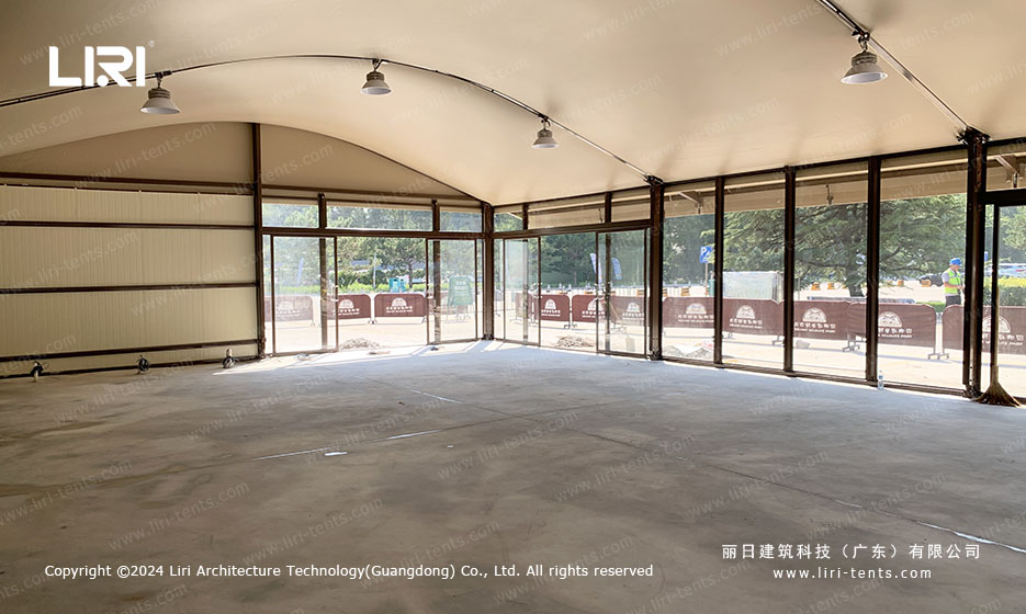 Inside view of arc top tent with transparent sides