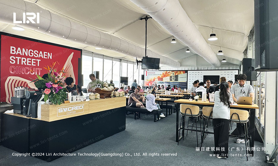 white aluminum-frame VIP lounge tent at Bangsaen Grand Prix racetrack