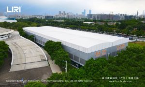 clear span tent structure aerial side view wedding marquee