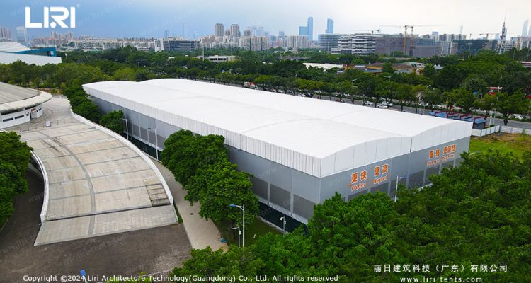 clear span tent structure aerial side view wedding marquee