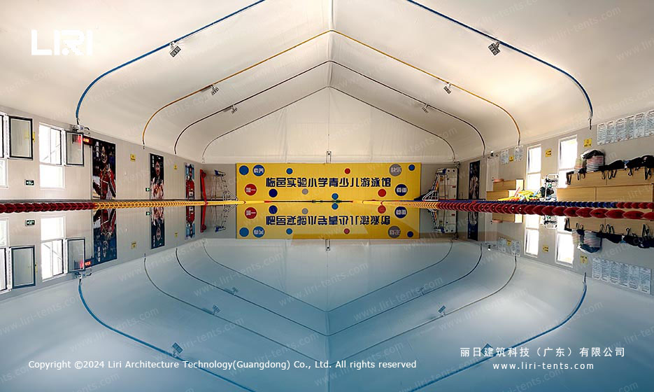 indoor pool tent interior with clear lanes