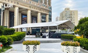 Large wedding tent exterior at urban plaza in Shanghai