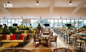 Luxury wedding marquee lounge with draped fabric ceiling