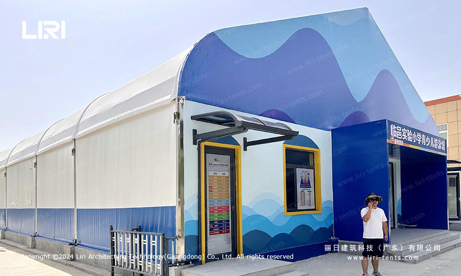 pool tent entrance with framed glass door