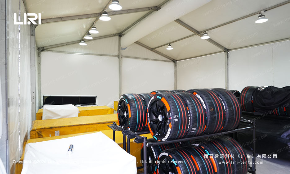 PVC tent interior with stacked Hankook racing tires